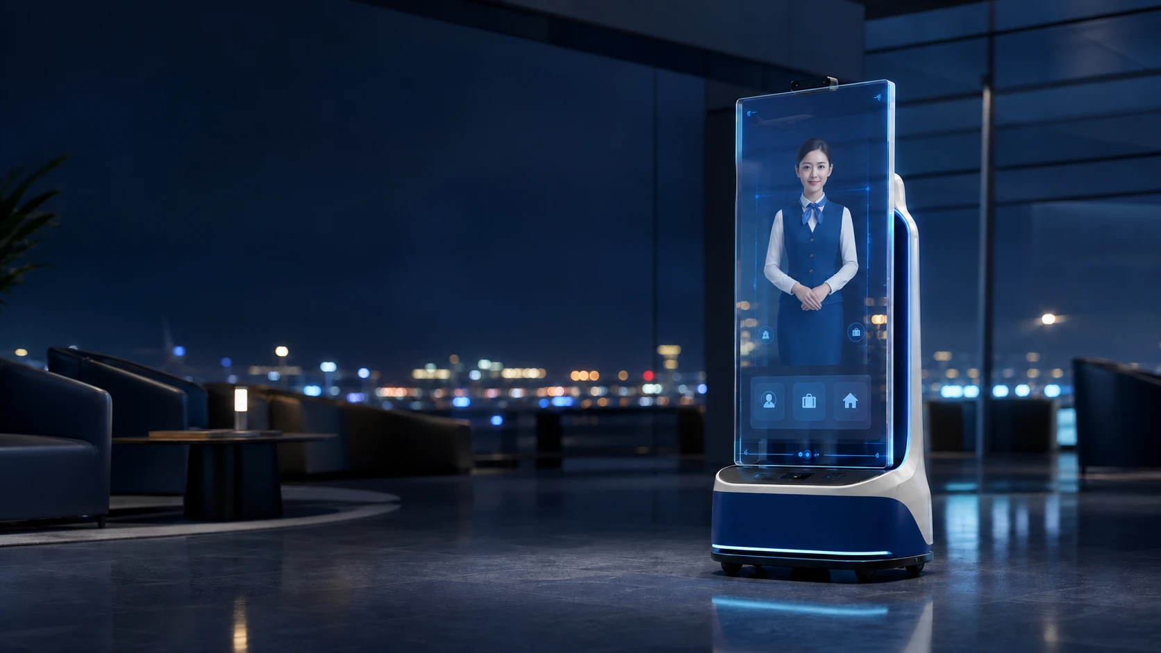Unbranded transparent OLED airline concierge concept in an airport lounge